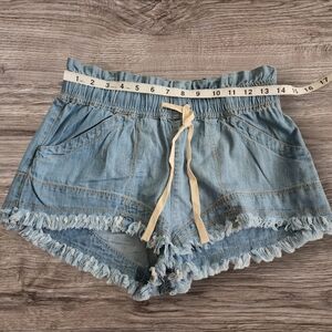 BDG Blue Jean Shorts with Elastic Waist and Frayed Hem